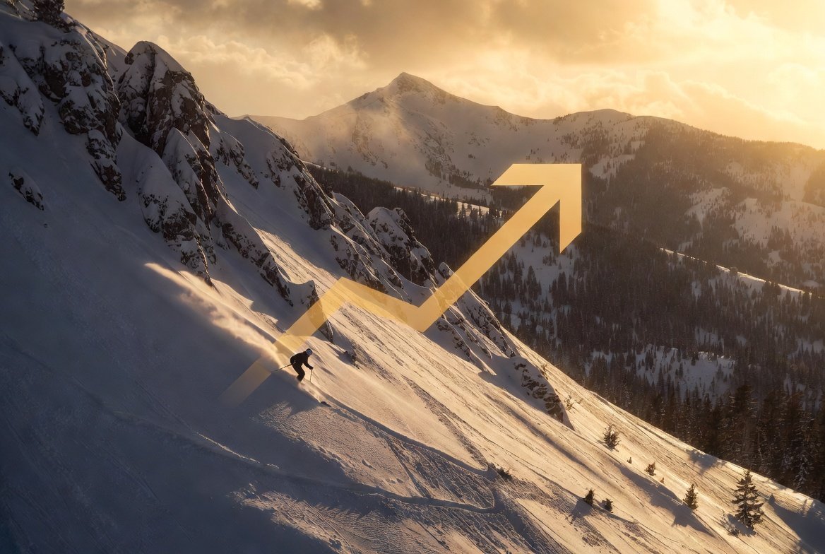 Symbolic image of a skier ascending a snow-covered mountain in Aspen with a glowing upward arrow trail, representing strategic growth for brands and affiliates