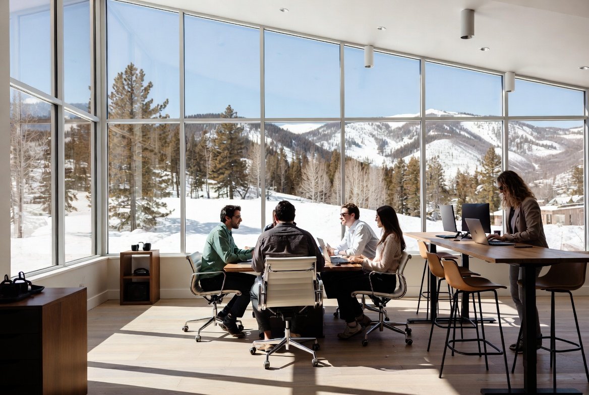 Spline Media team collaborating in a bright modern office in Aspen with dramatic snow-covered Rocky Mountains visible through large windows